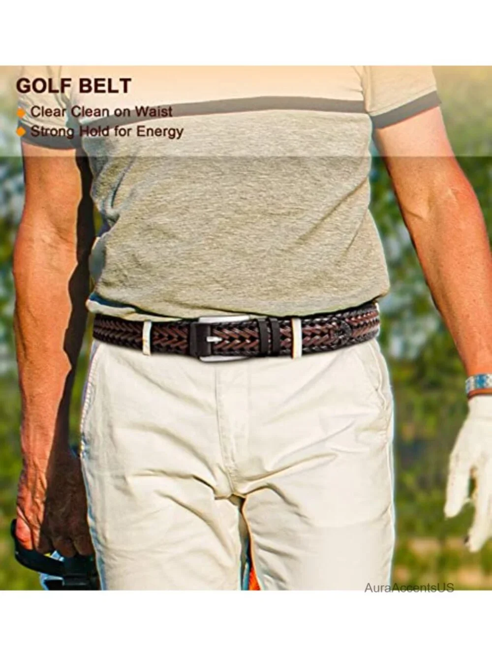 Men's Braided Leather Belt - Holeless Adjustable Woven Golf Belt